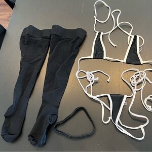 Black and White Exotic Dancewear Bundle - Micro Bikini, Garter, & Thigh Highs
